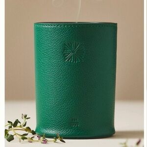 Anthropologie Icon Embossed Woody White Cedar & Thyme Glass Candle With Leather